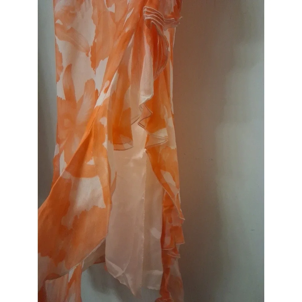 100% Silk Floral‎ Maxi Dress Women's 12 Strappy Ruffle Waterfall Chiffon Fairy - Picture 7 of 16